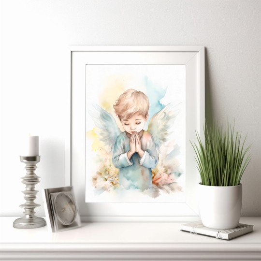 Aniołek w Delikatności Barw – Subtelny Plakat Akwarelowy | Idealny na Komunię i Chrzciny